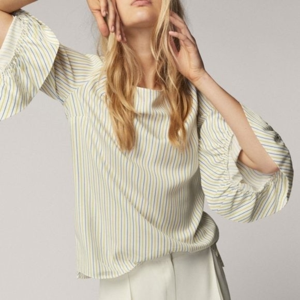 Massimo Dutti bell sleeve v back striped blouse